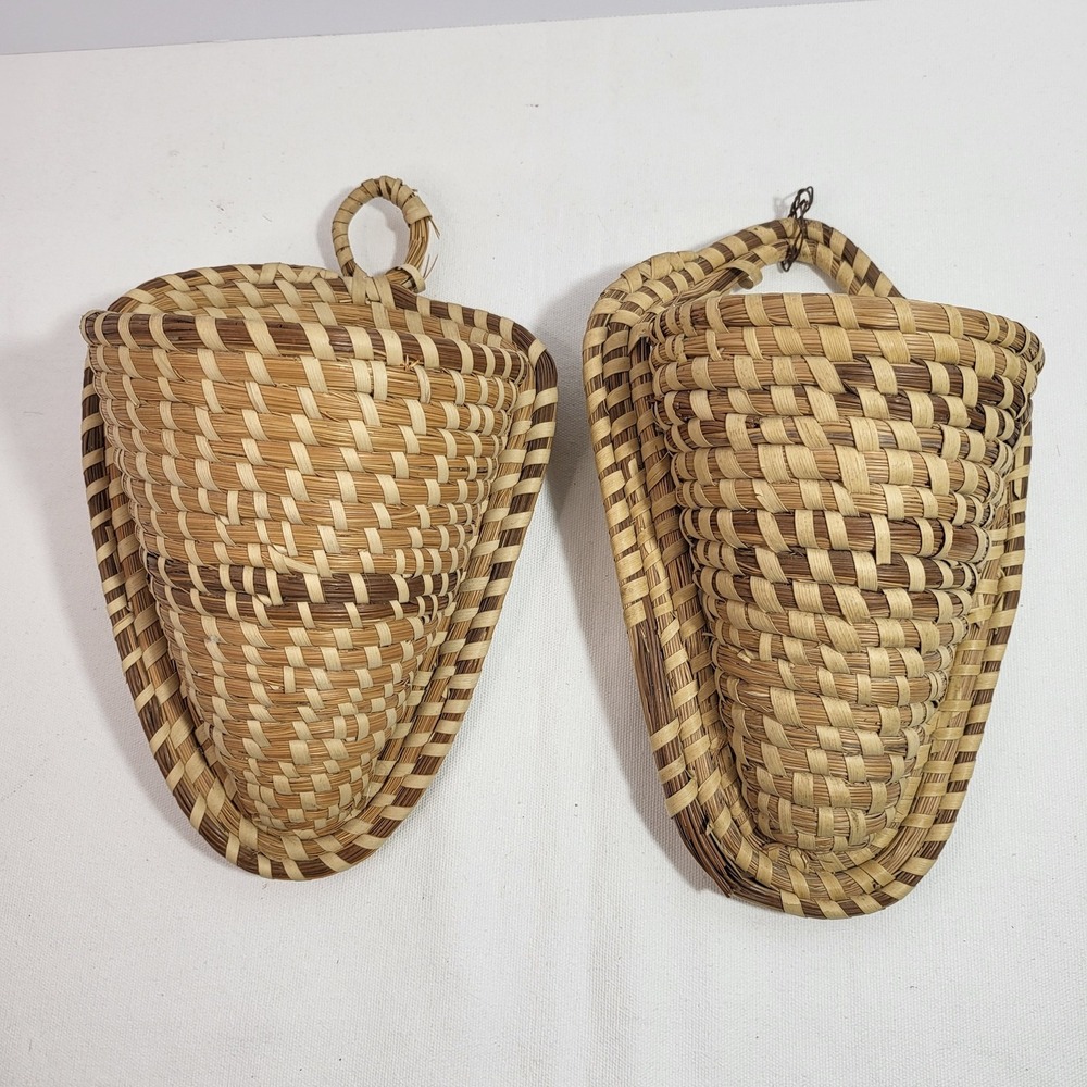 Vintage Woven Grass As-Is Cone Baskets Set of 2 Boho Farmhouse Decor